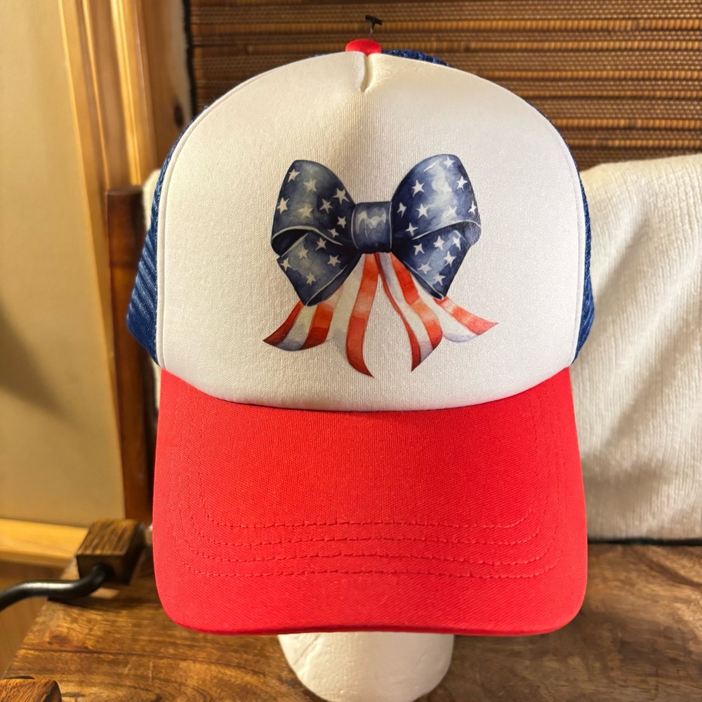 Ladies USA Truckers Hat ~ American Flag Bow